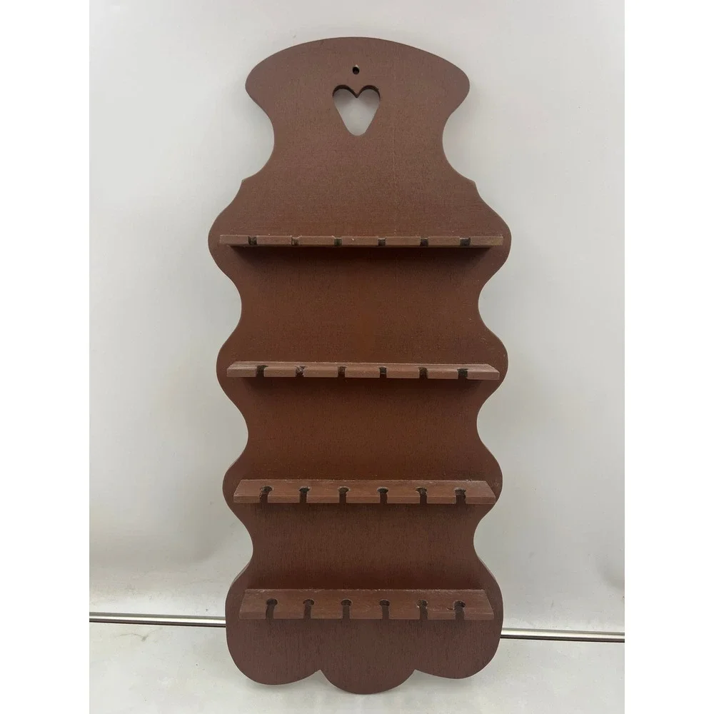 Vintage Wooden Spoon Rack Wall Hanging Display Heart Cutout Scalloped Brown
